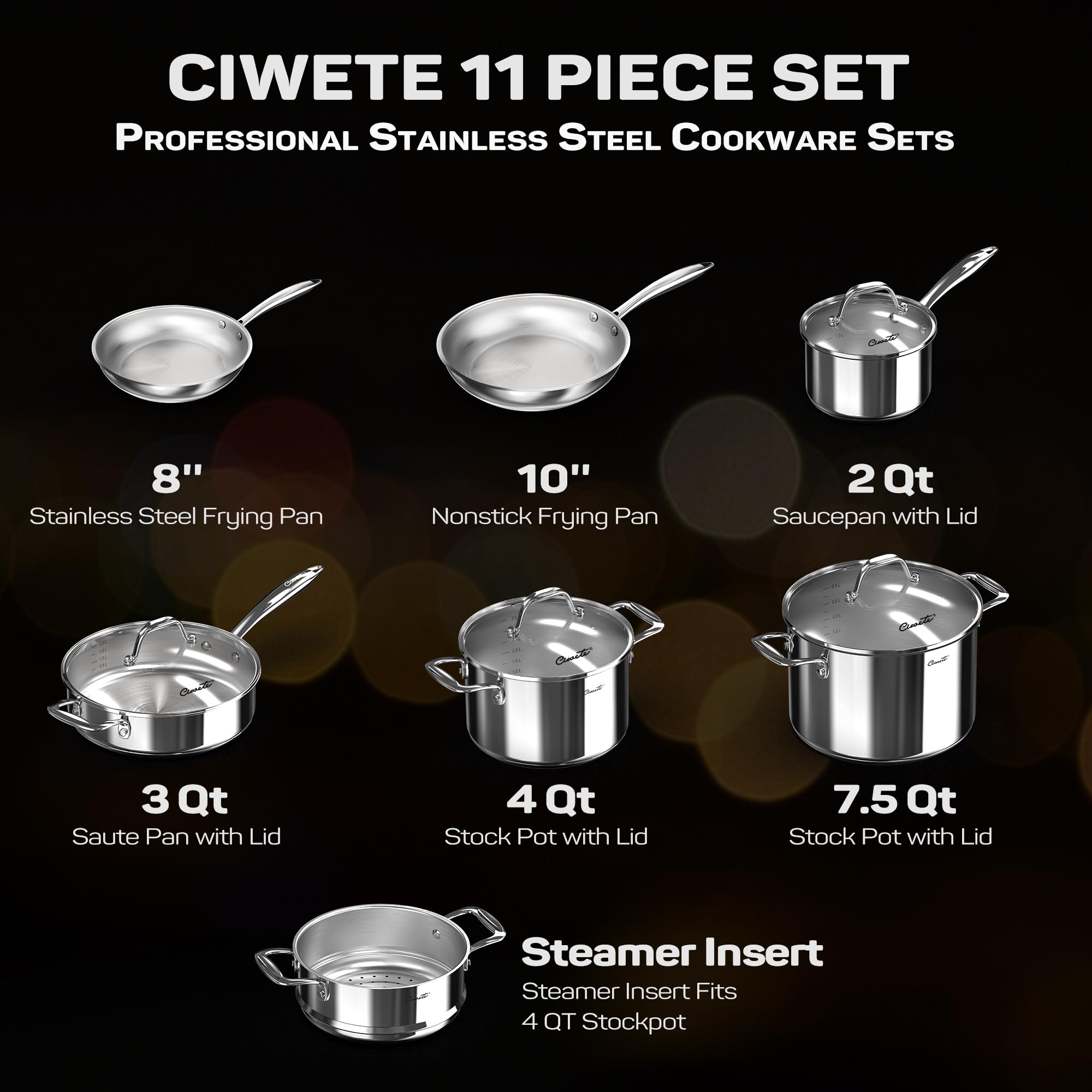 Ciwete Tri-Ply Stainless Steel Pots and Pans Set 11-PC