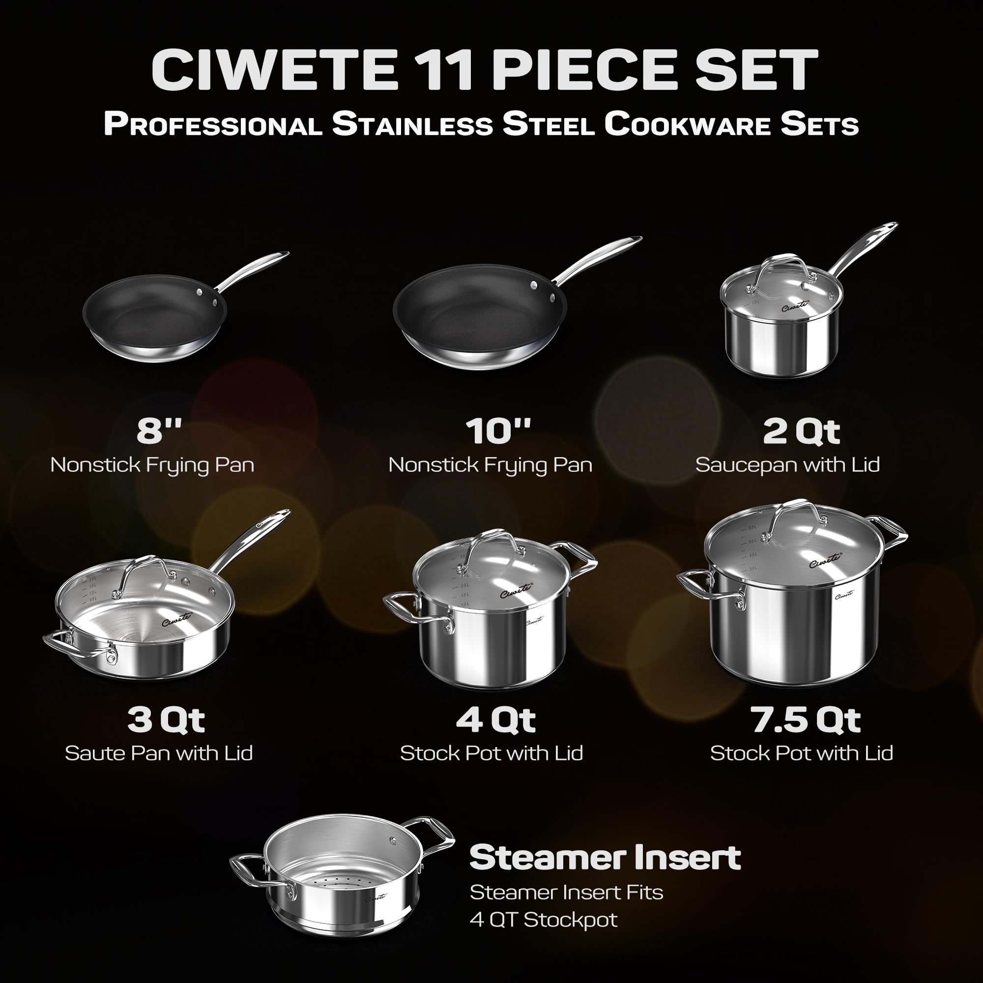 Ciwete Stainless Steel Nonstick Pots and Pans Set 11-PC