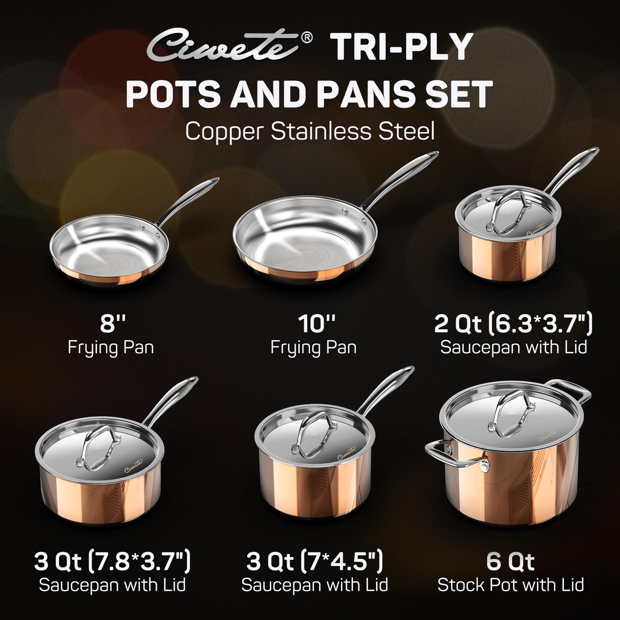 Ciwete Tri-ply 18/10 Stainless Steel Pot and Pan Set 11-PC