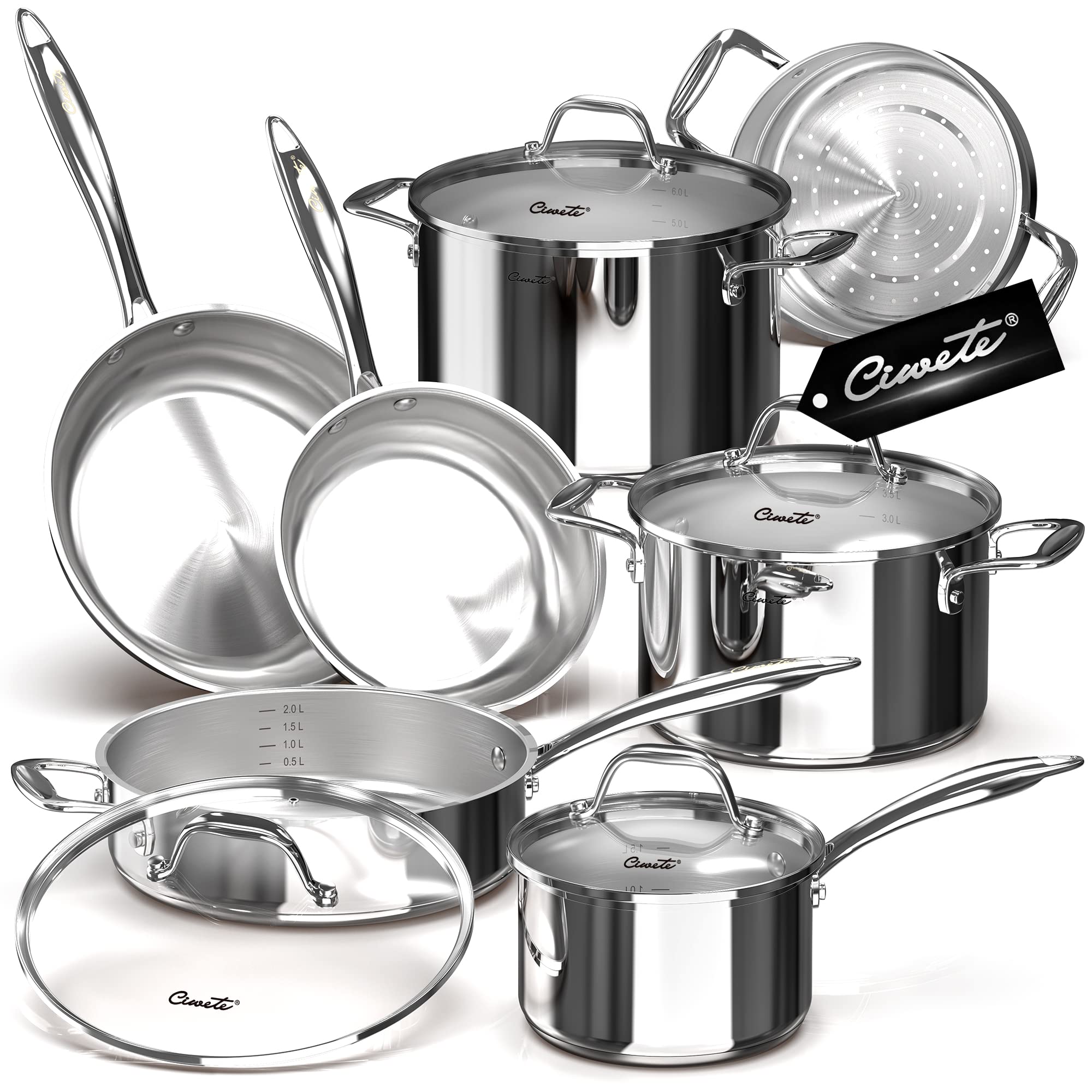 Ciwete Tri-Ply Stainless Steel Pots and Pans Set 11-PC